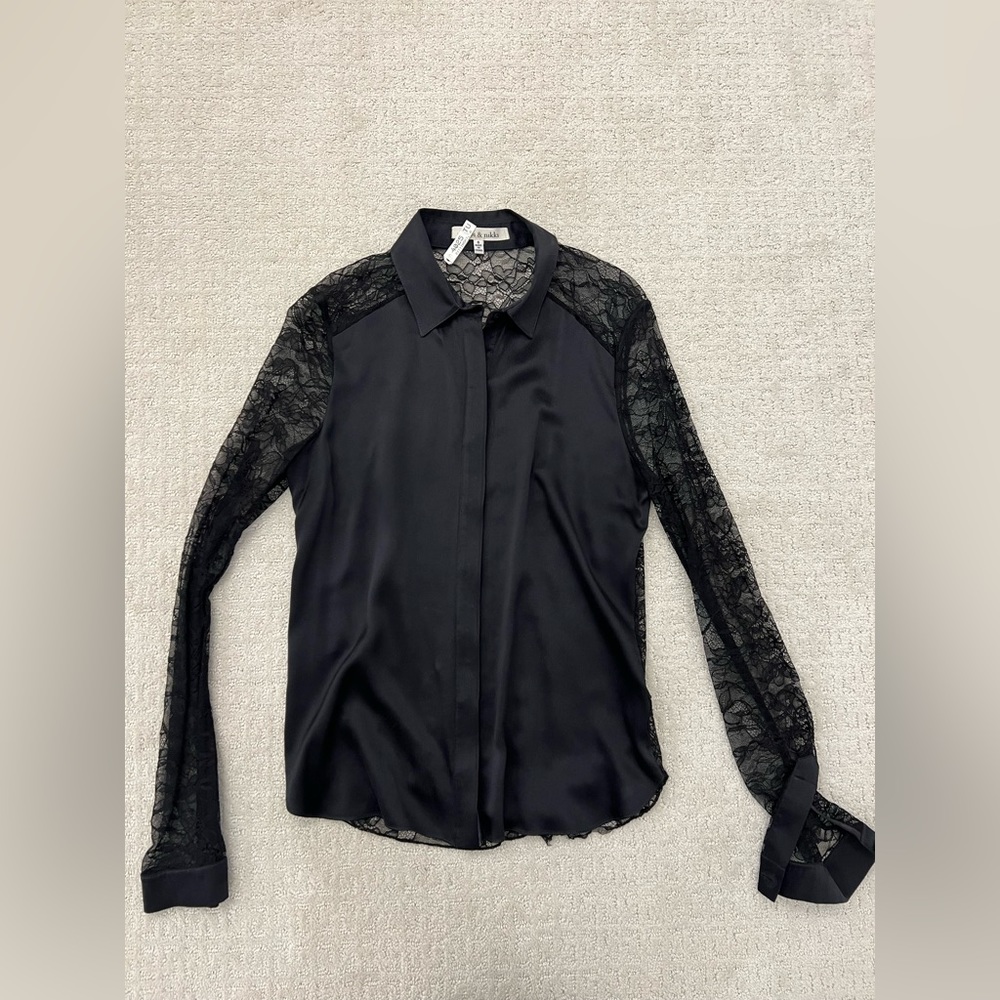 Robbi and Nikki Black Lace Long Sleeve Button Down Blouse Shirt Top